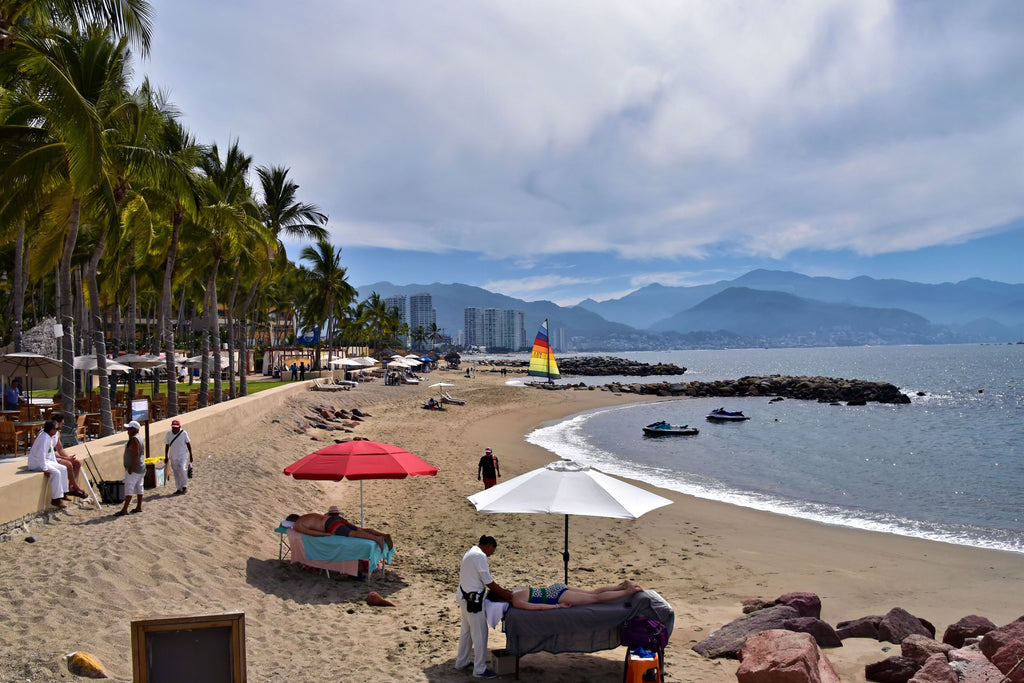 Beach umbrellas beside the sea in Puerto Vallarta