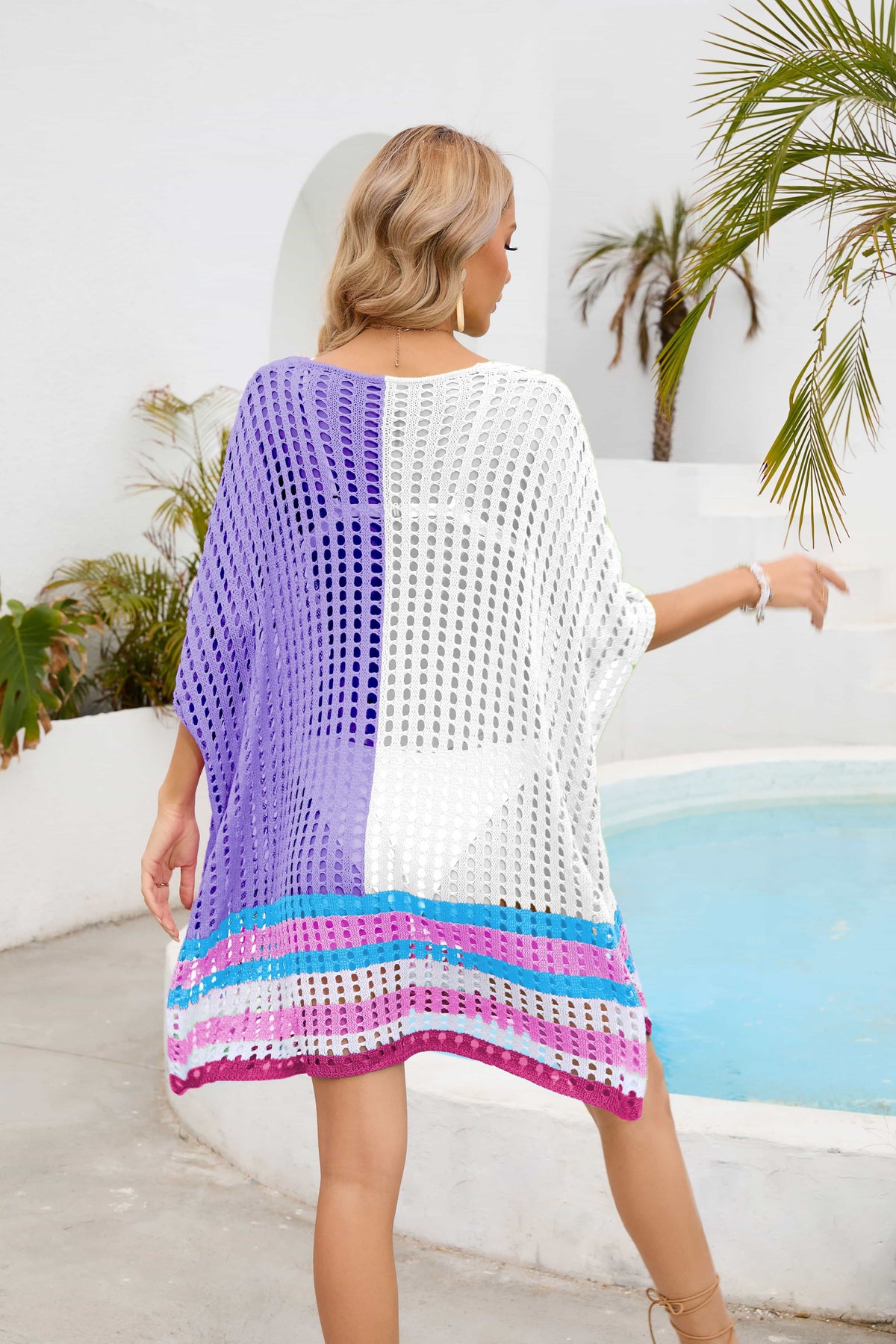 Contrast Scoop Neck Openwork Half Sleeve Cover Up – product image 6