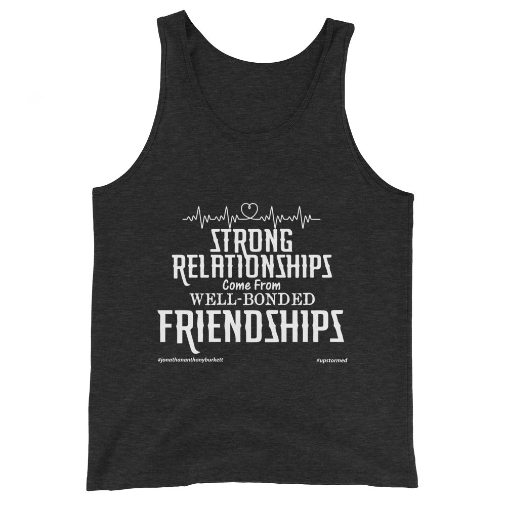 Strong Relationships Come From Well-Bonded Friendships Upstormed Tank Top in Charcoal Black Triblend — front view
